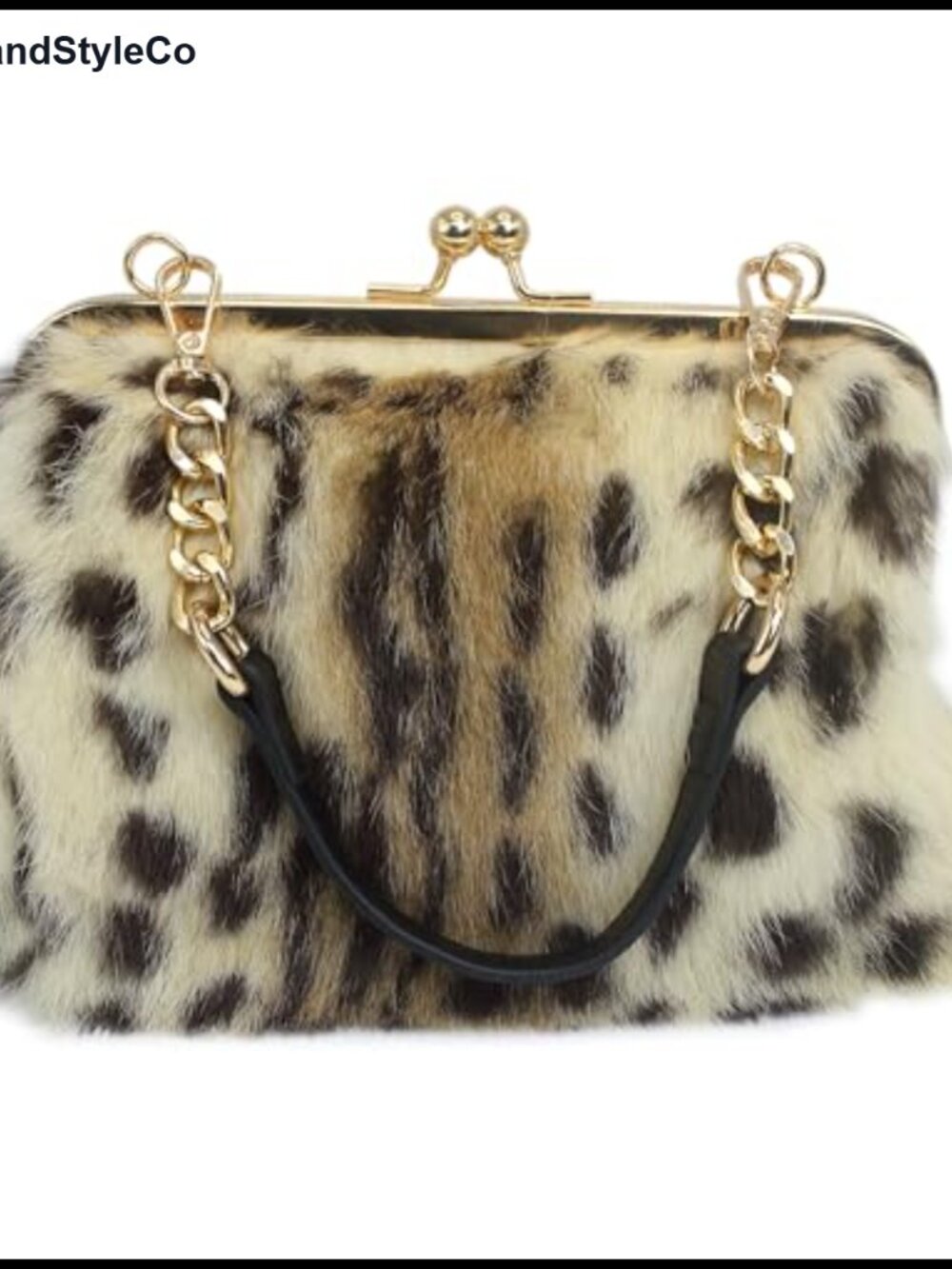 Genuine Rabbit Fur Kisslock Handbag Clutch with Chain Shoulder Strap